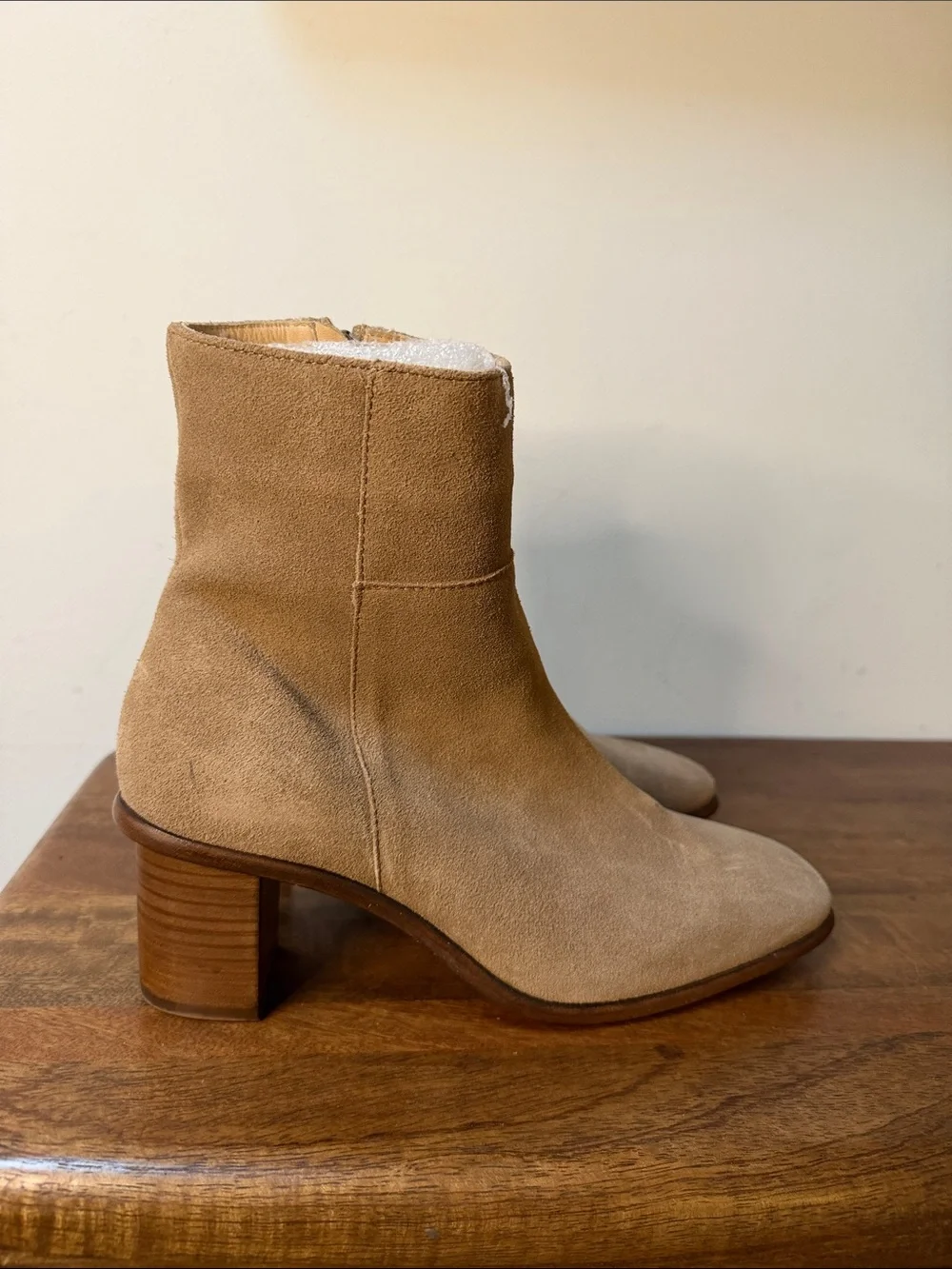 Patina Suede Tan Ankle Booties with Stacked Heel 10.5